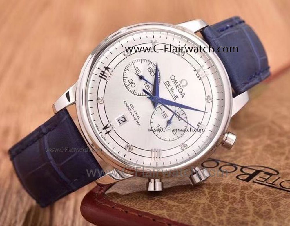 Omega DeVille Chronograph Replica Watch Blue Leather Strap